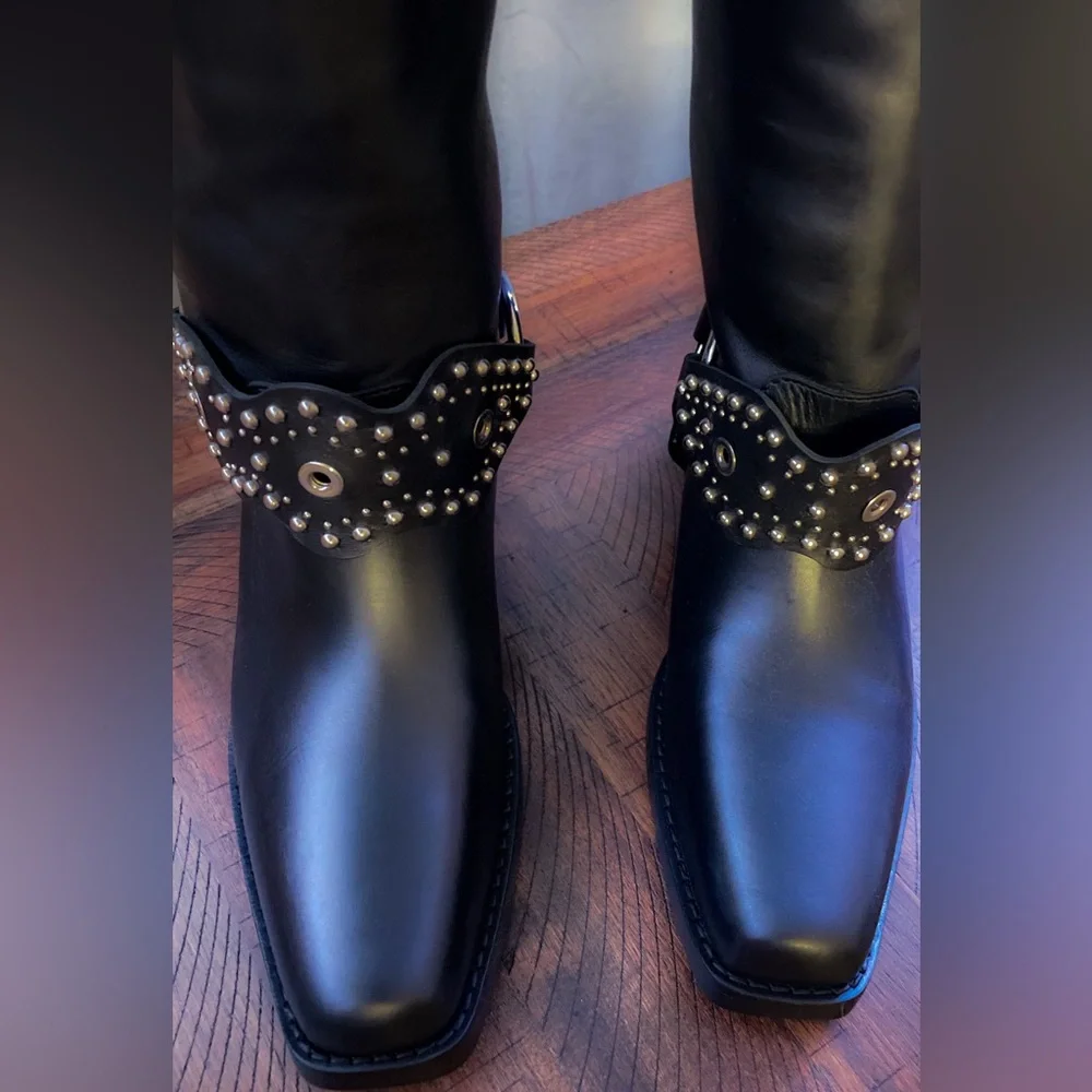 Red Valentino Vero Cuoio Black Leather Under-Knee Biker Boots - Picture 6 of 10